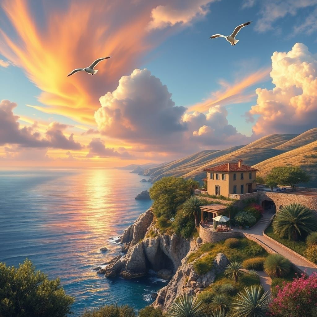 Italian Villa Coastal Summer Landscape Painting