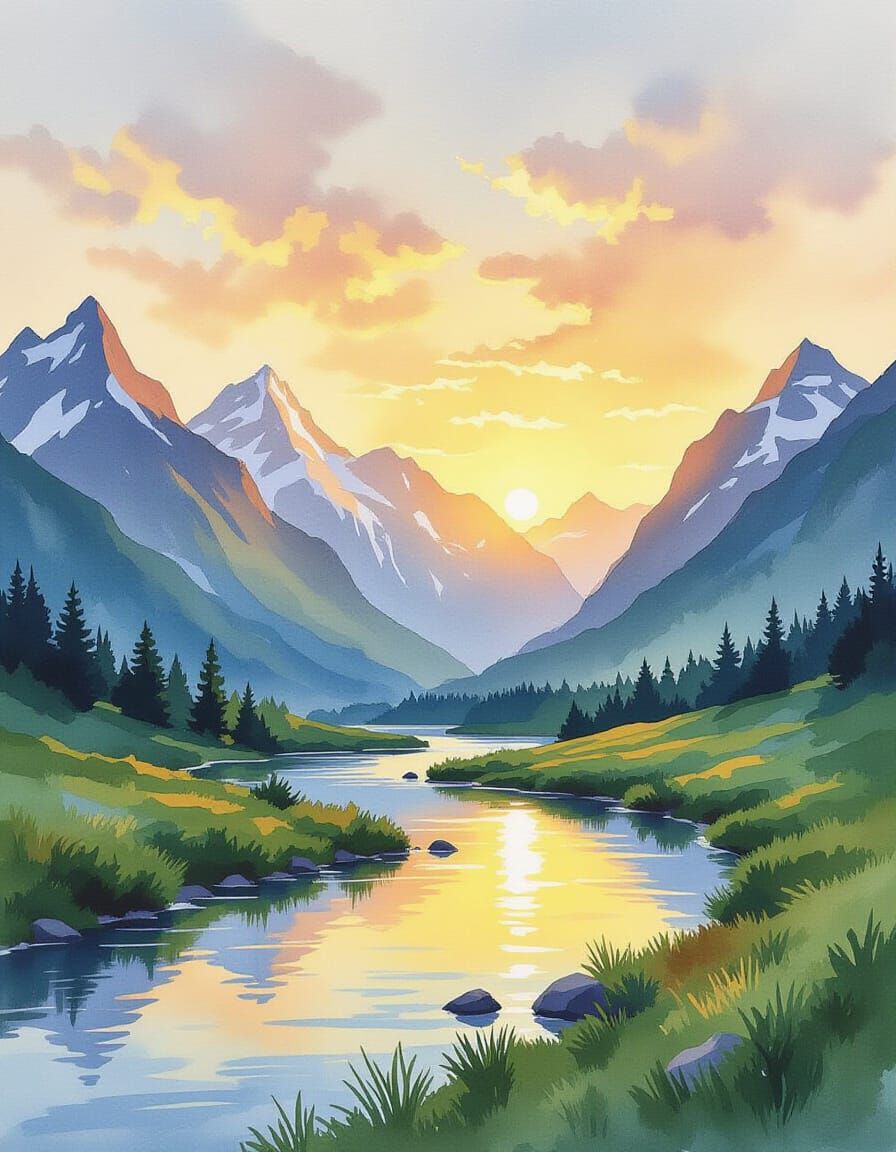 Breathtaking Watercolor Mountain Landscape at Dawn