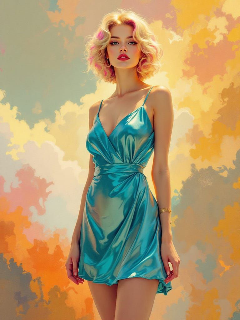 Blonde Pin-Up in Cyan Dress Amidst Dreamy Clouds