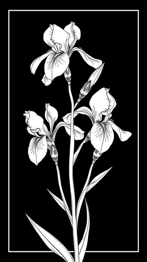 Bold Black and White Line Art of 4 Iris Flowers in a 9:16 Fr...