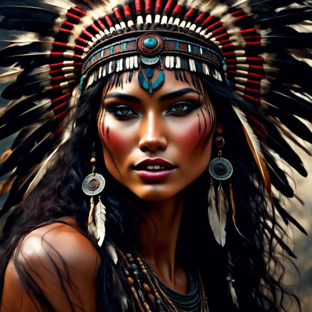 Beautiful Native American Woman Portrait in Dark Tones