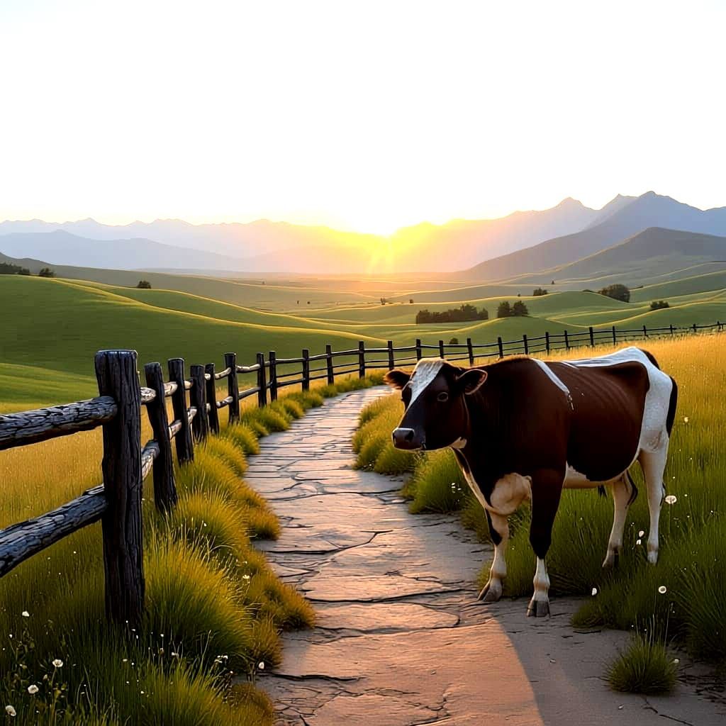 Red Orange Landscape with Winding Path and Mountains