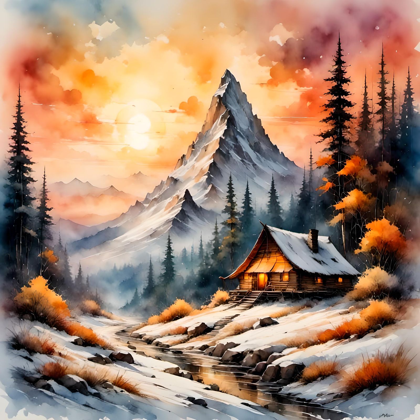 Watercolor Landscape with Tepee Hut at Sunset