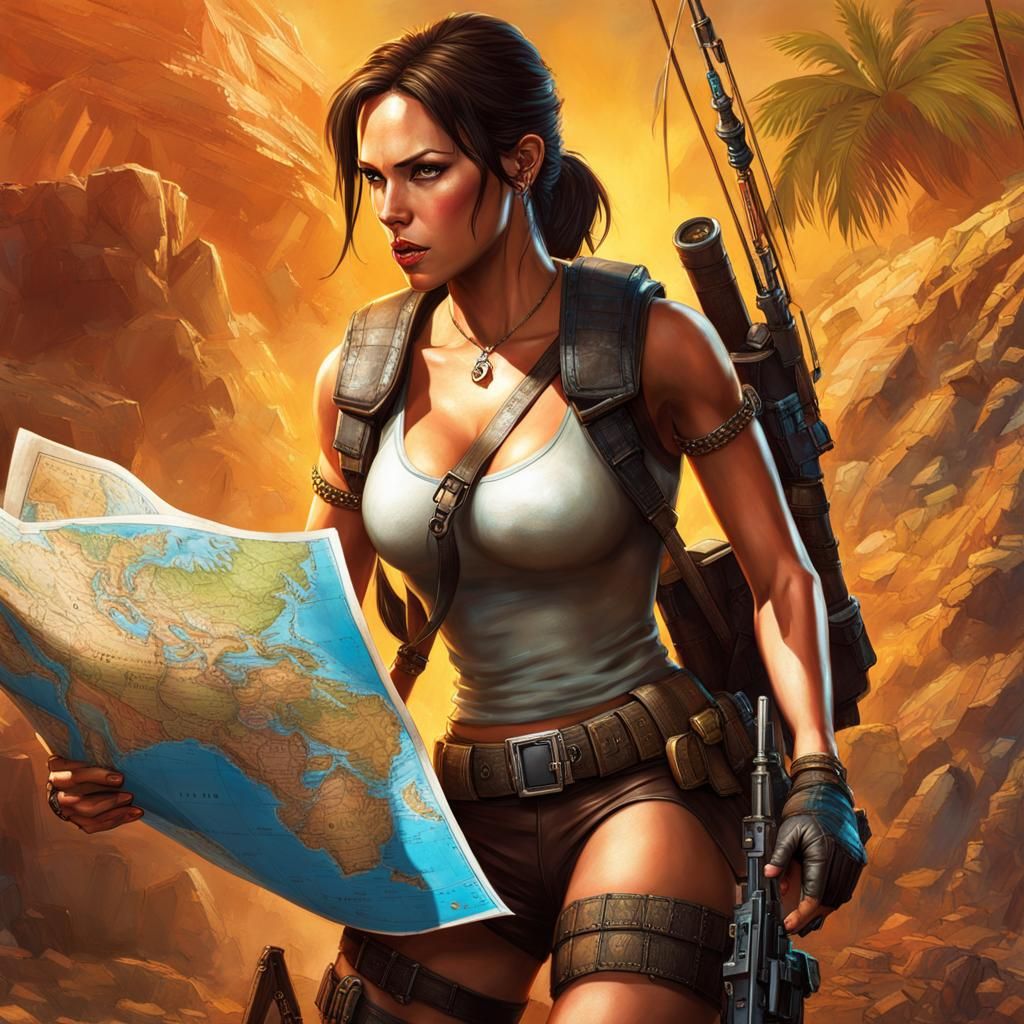 Hyperrealistic Lara Croft Treasure Map Splash Art