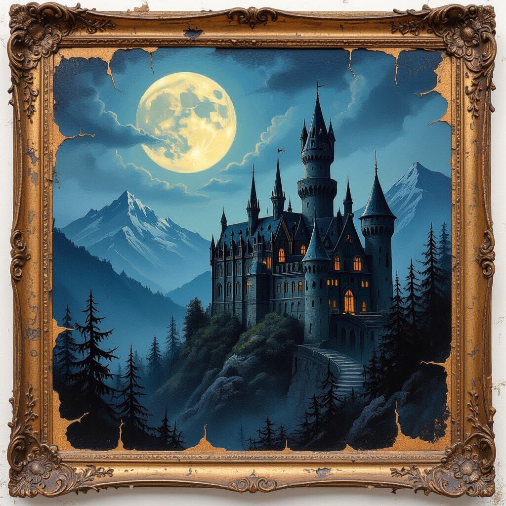Gothic Castle Oil Painting with Eerie Shadows
