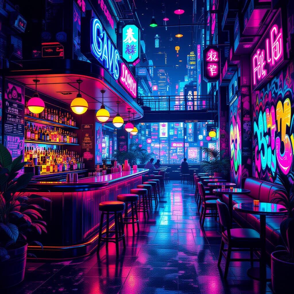 Futuristic Bar Serving Rainbow Cocktails in Digital Art Styl...