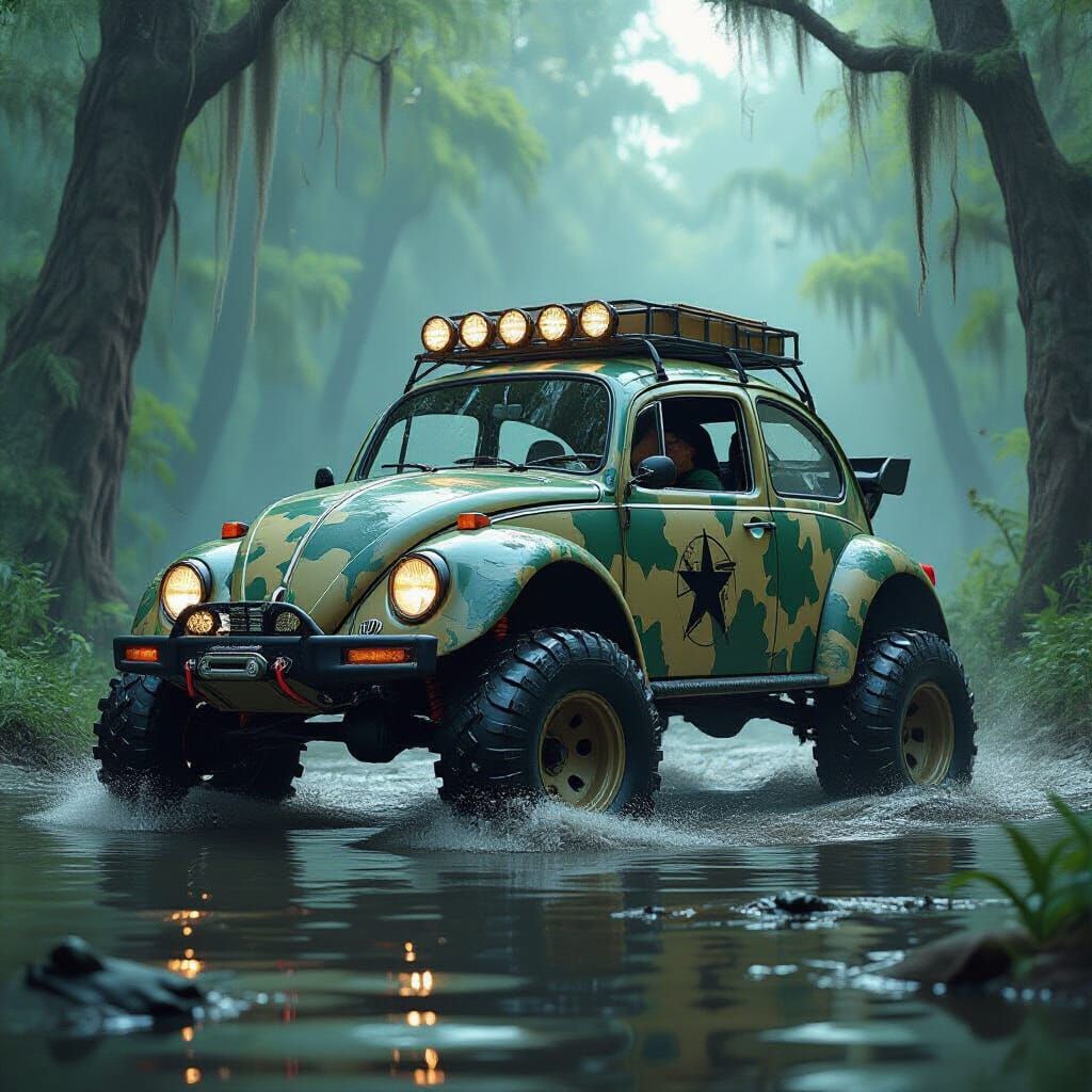 Modified VW Beetle Off-Roading in Swamp: Hyperrealistic Rend...
