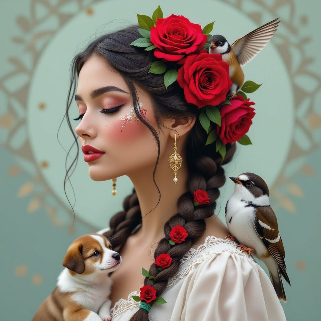 Woman with Roses, Puppies, and Bird: Fantasy Art