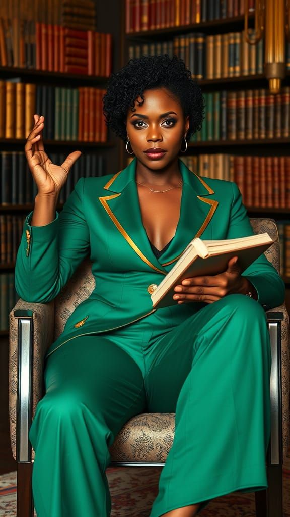 Art Deco Librarian in Emerald Green Pantsuit