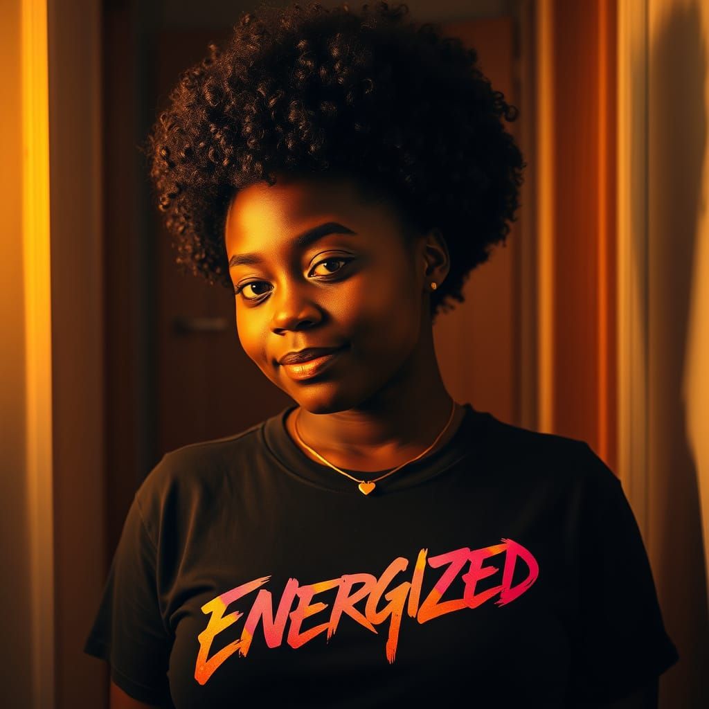 A black woman wearing an encouraging t-shirt that says "Ener...