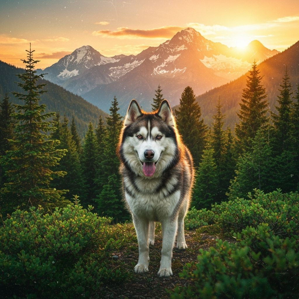 Husky and Mountain Sunset in Double Exposure Style