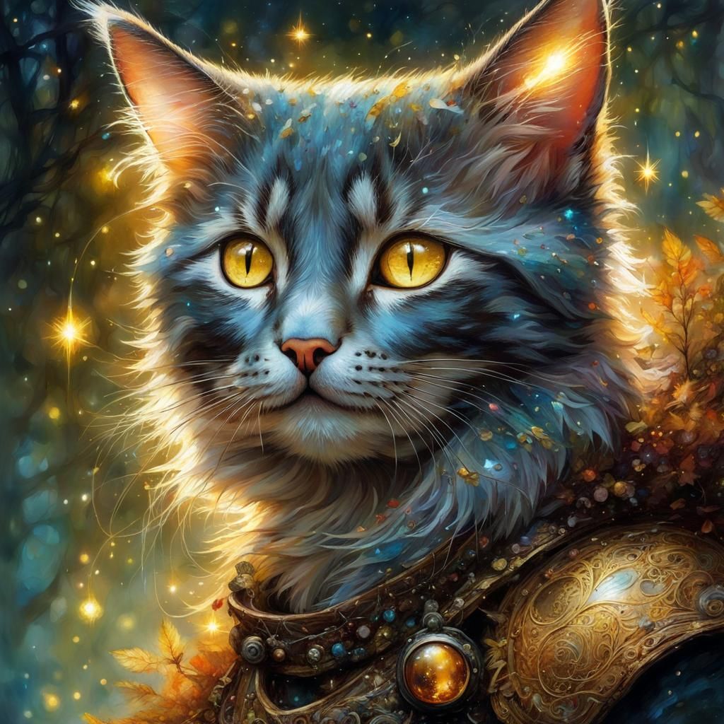 Adorable Kitten with Amber Eyes in Enchanted Forest