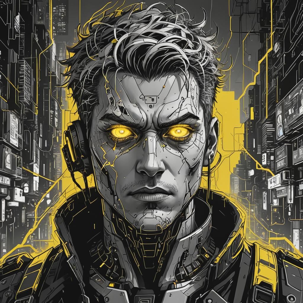 Cyberpunk Hero Line Art with Yellow Eyes