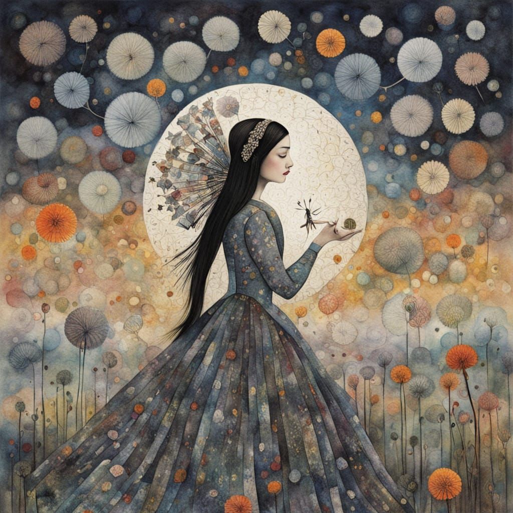 Whimsical Dandelion Queen in Dreamlike Landscape