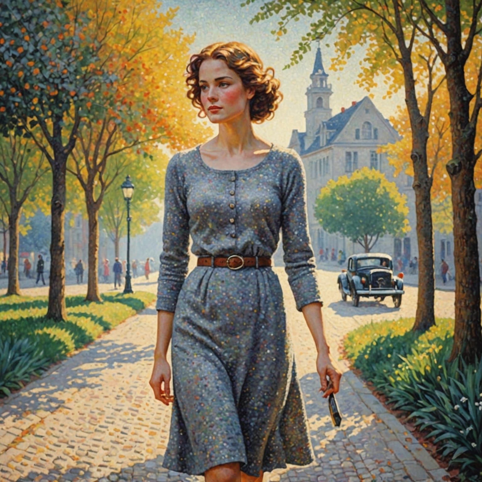 Pointillist Painting: Charming Woman in Neo-Impressionist St...