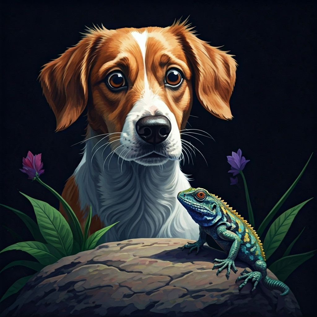 A puzzled dog sniffing a colourful lizard