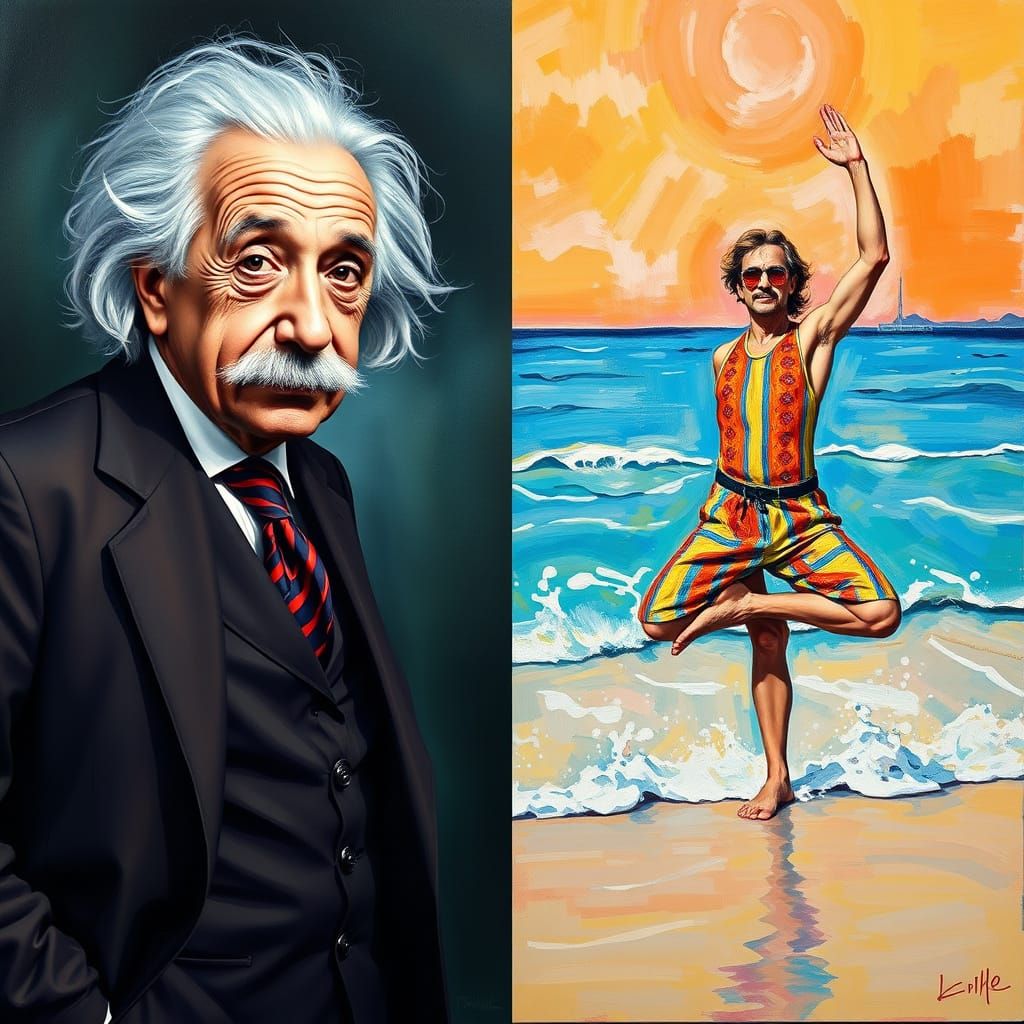 Einstein Draws Van Gogh Doing Yoga: Hyperrealistic Beach Sce...