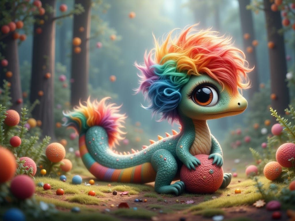 Whimsical Forest Dragon Plays with Yarn in a Rainbow Hues
