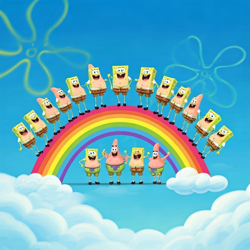 Expectant SpongeBobs Dancing on Rainbow in Miyazaki Style