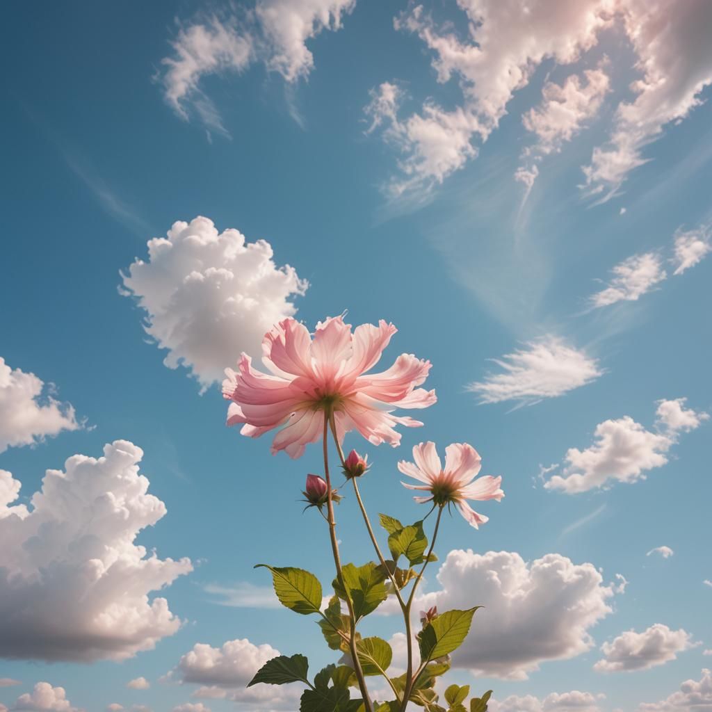 Dreamlike Pink Cloud Flower in Blue Sky