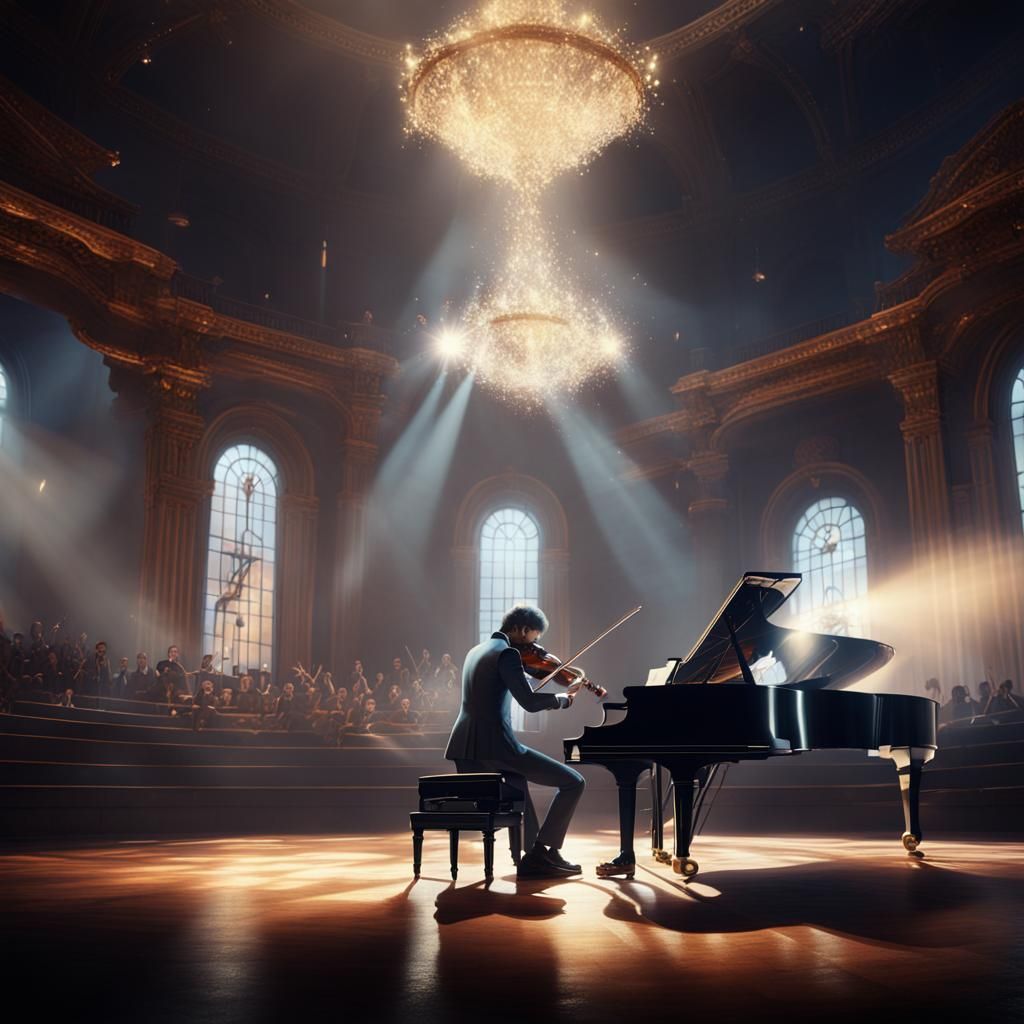 A man playing a violin on stage with a spotlight shining on ...