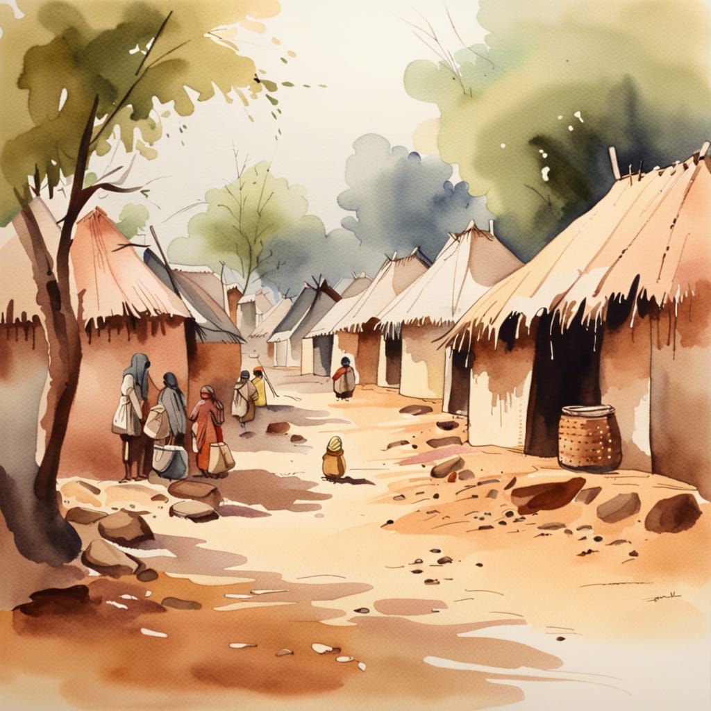 Watercolor Painting of a Traditional Indian Village