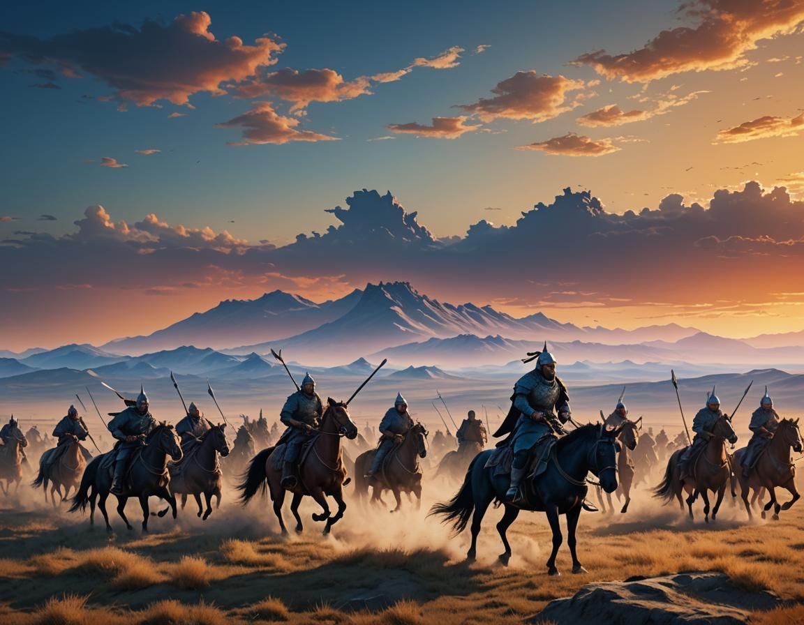 Mongol Horseman Silhouette on the Steppe