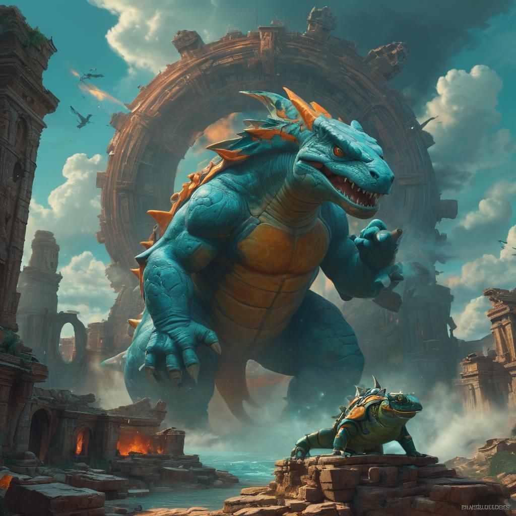 Blastoise Rayquaza Fusion Creature in Fantasy Landscape