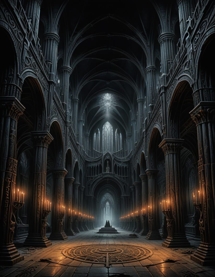 Twisted Pillars Rise in a Haunting Gothic Hall