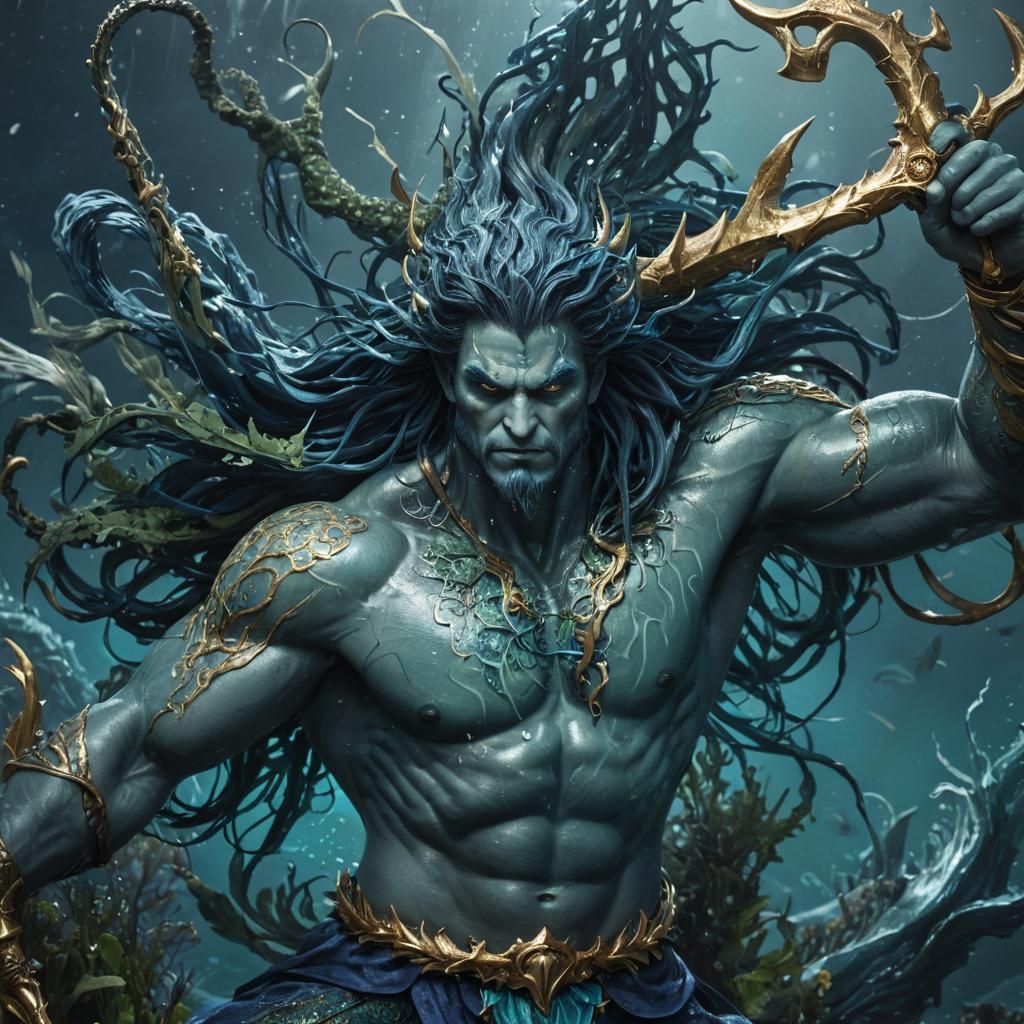 Sea God's Underwater Battle: An Epic Oil Painting