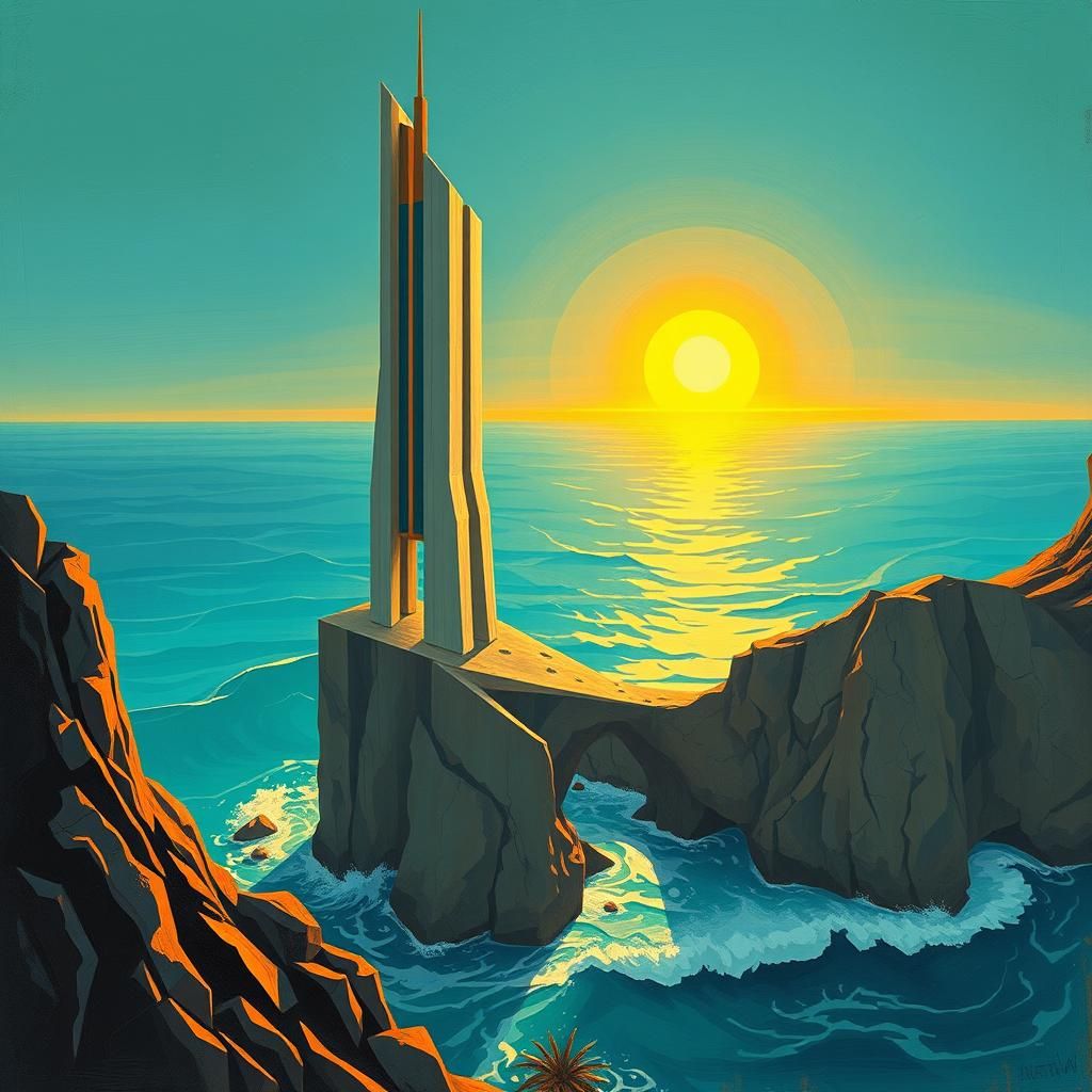 Geometric Art Deco Tower Overlooking Turquoise Sea
