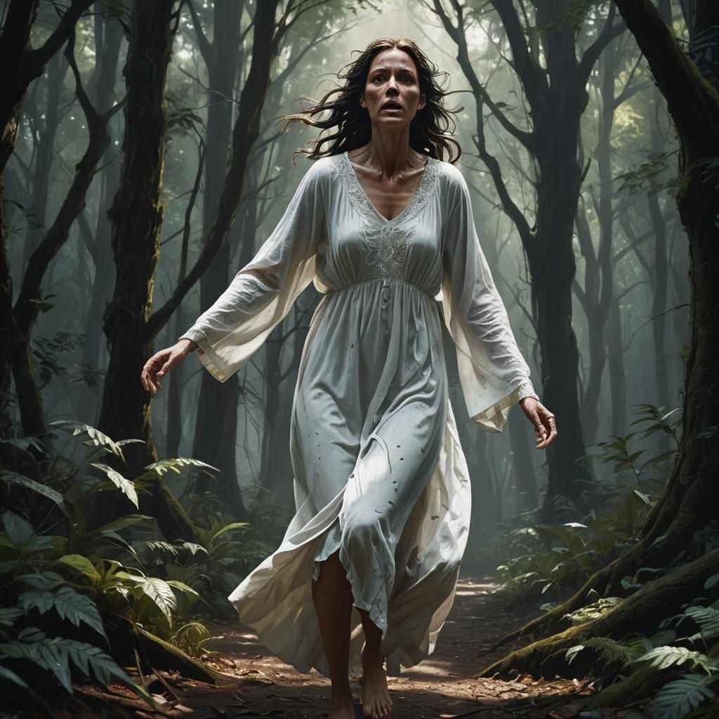 Scared Woman in Dark Forest, Hyperrealistic Portrait