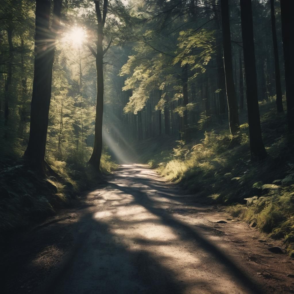 Sunlit Forest Road and Stream in Cinematic Style