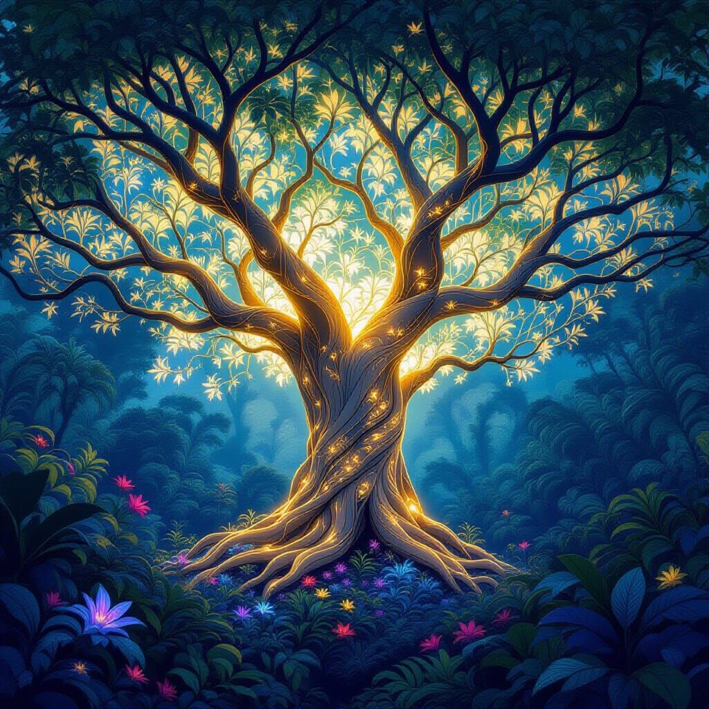 Bioluminescent Tree in Alien Jungle, Art Nouveau Style