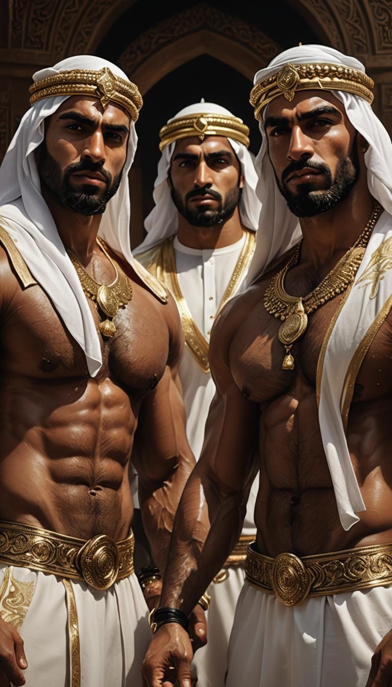 Arab Bodybuilders in Emirate Headdresses: Hyper-Realistic Di...
