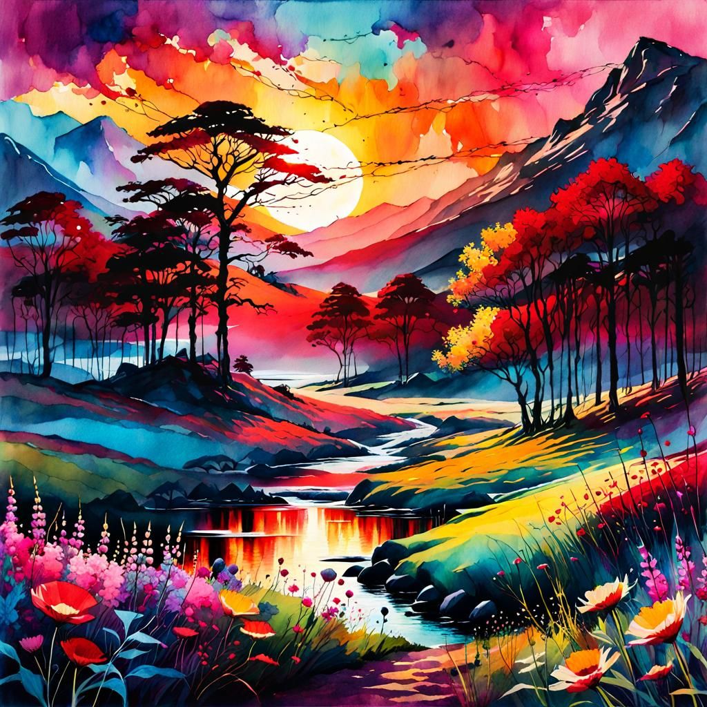 Blood Moon over Summer Landscape in Watercolor Style