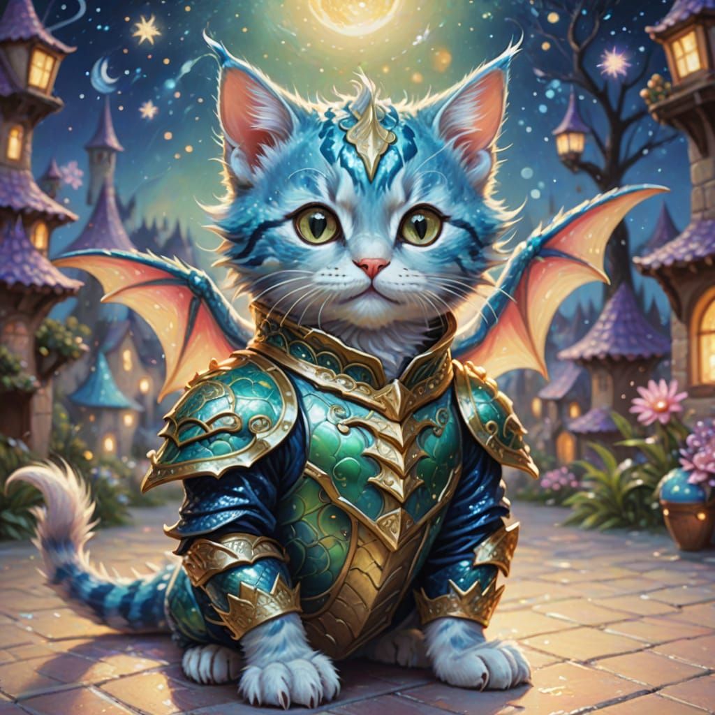 Cute Kitten in Dragon Costume, Impressionistic Oil Painting