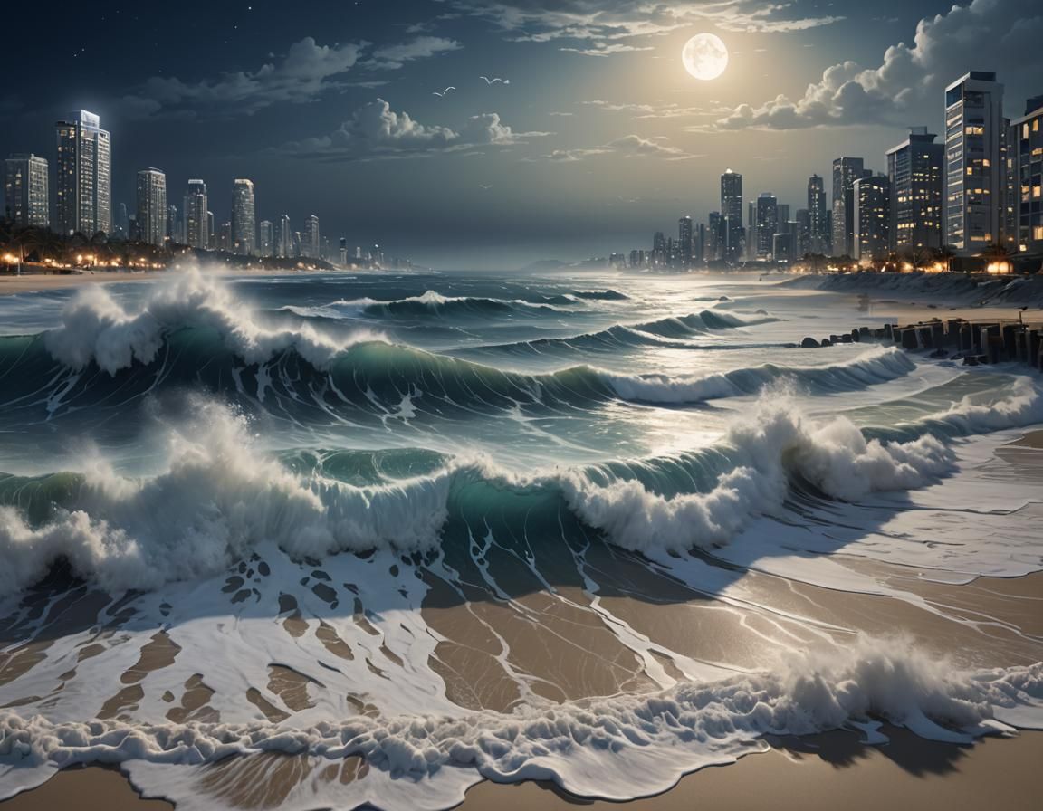 Moonlit Ocean Waves Crashing on Shore, Digital Matte Paintin...
