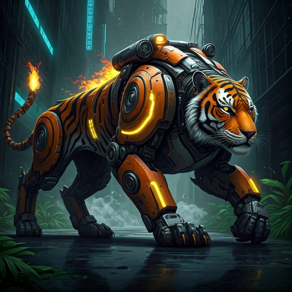Tiger Rescue Robot with Jet Boosters in Neon City