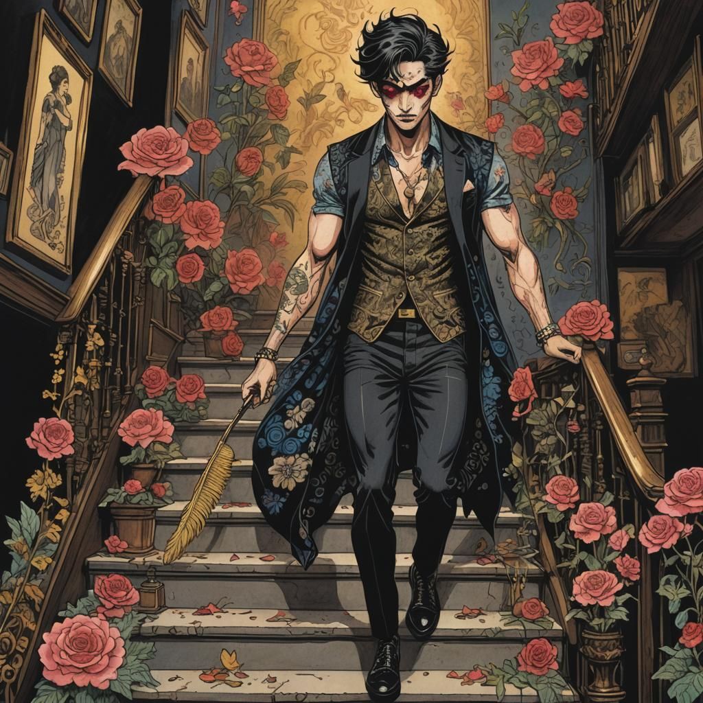 Muscular College Student Ascending Stairs in Comic Style