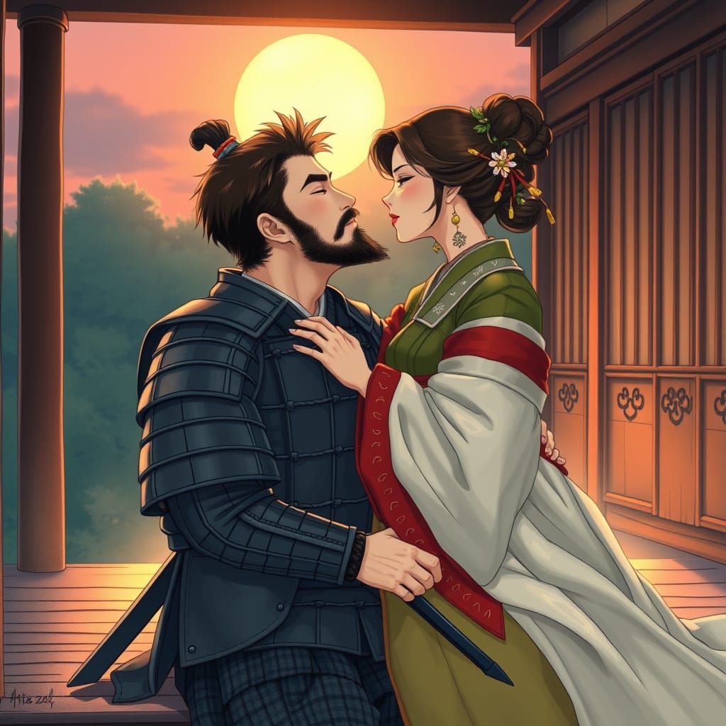 Japanese Lord and Wife Kissing Under Moonlight