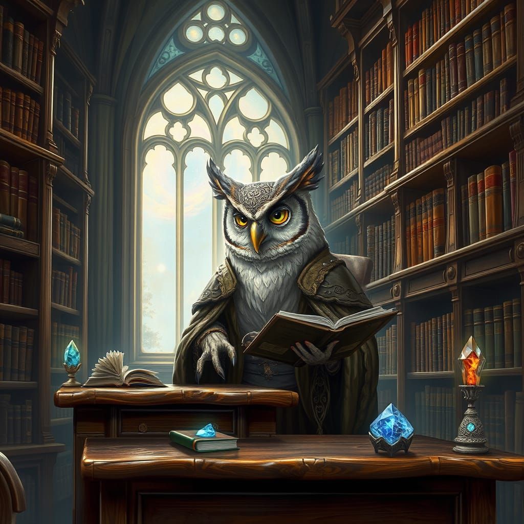 Owl Librarian Surrounded by Books and Crystals