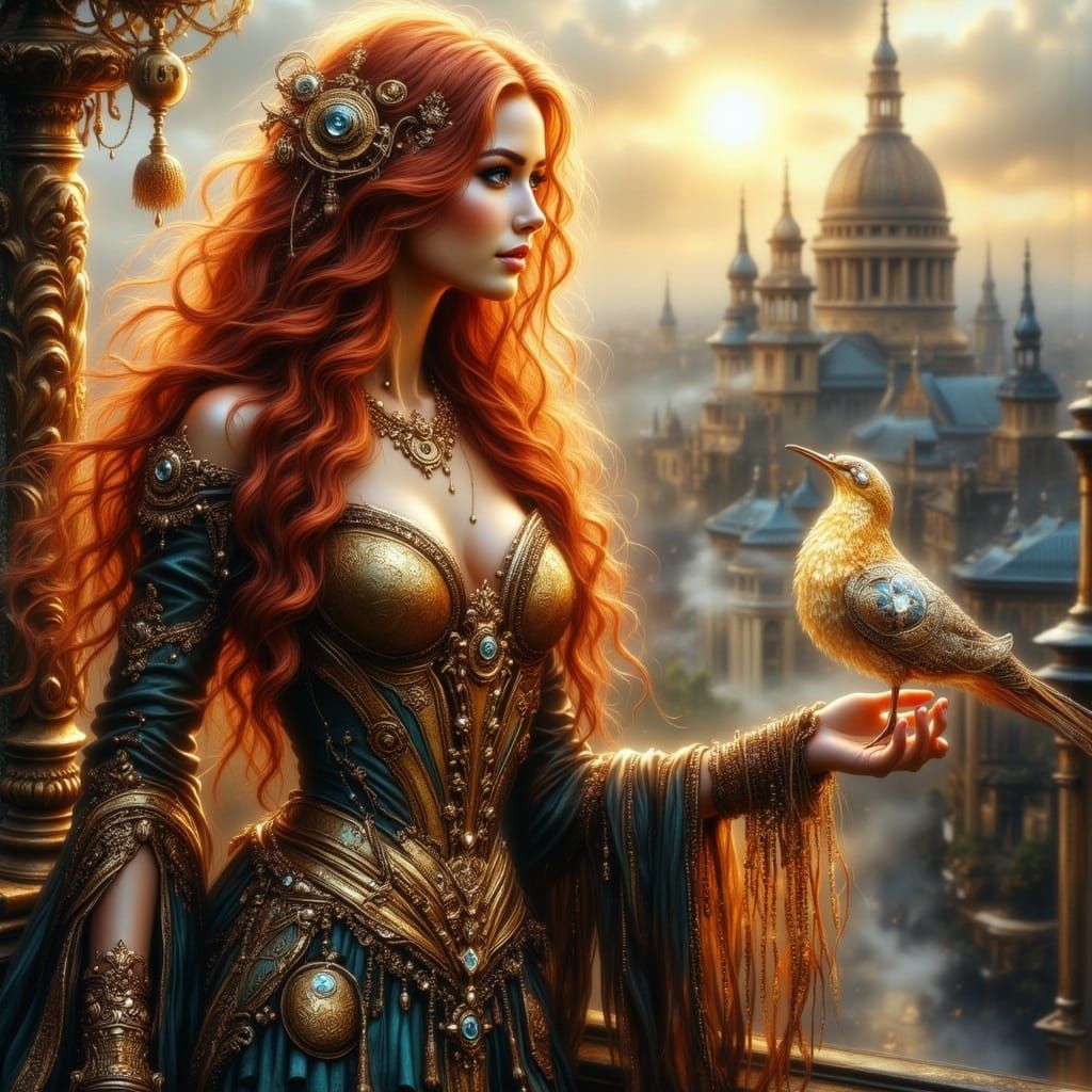 Steampunk Woman with Automaton Bird in Victorian City