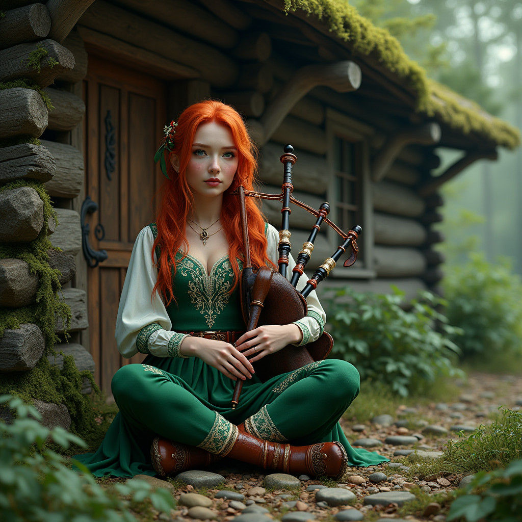 Irish Woman Plays Bagpipes in Fantasy Landscape