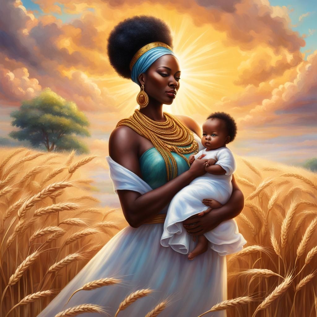 African Queen Goddess with Baby in Wheat Field