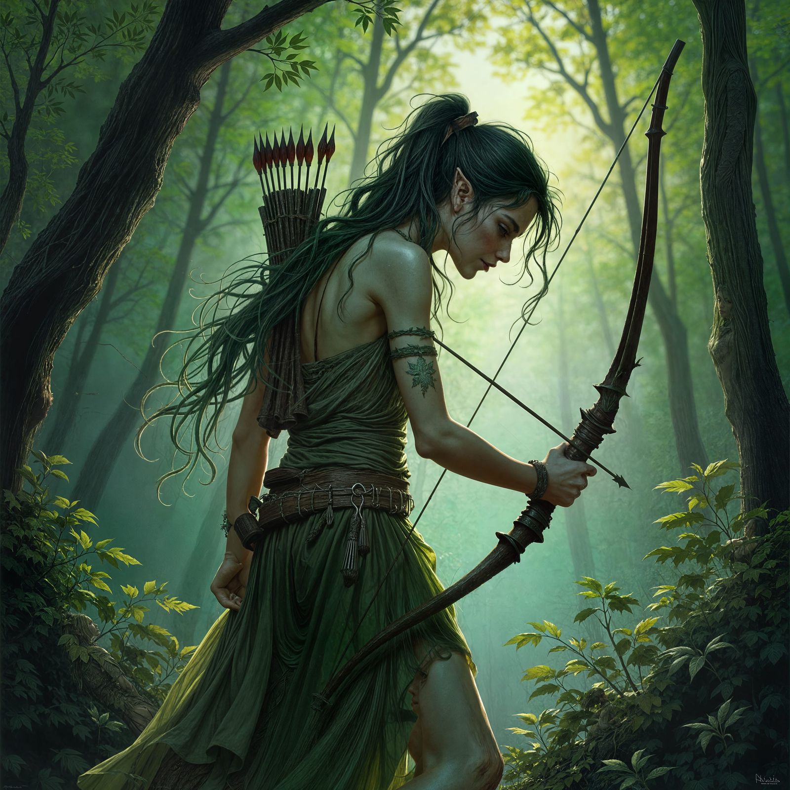 Wood Elf in Dark Forest Illustration