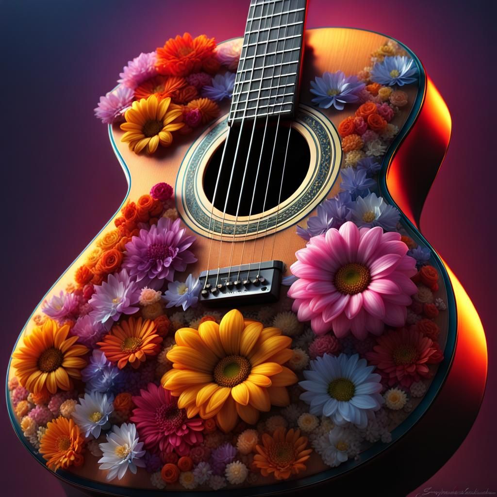 Floral Guitar in Dark Fantasy Style, Hyperdetailed
