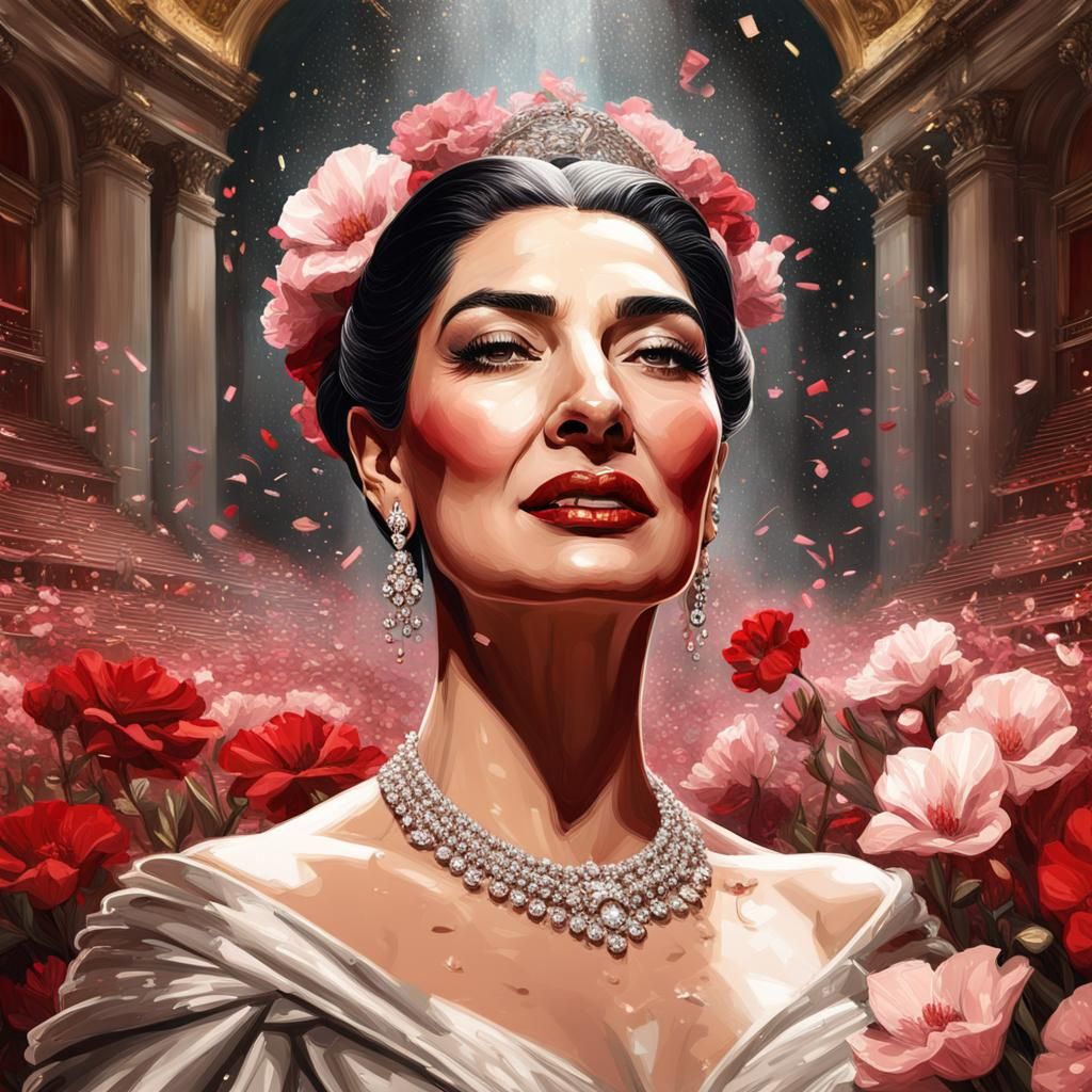 Maria Callas Hyperrealistic Portrait on Stage with Flowers