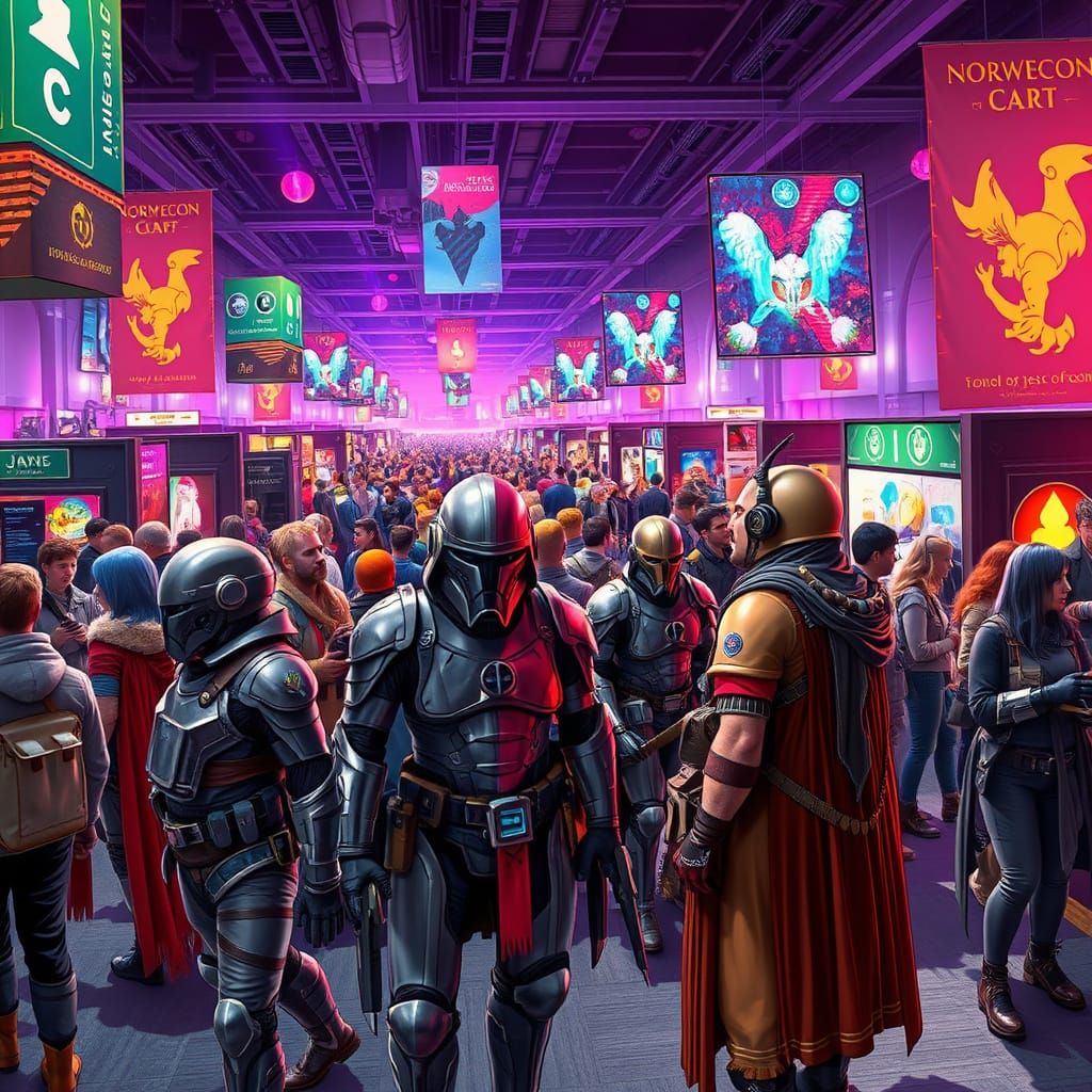 Vibrant Sci-Fi Convention with Elaborate Costumes and Futuri...