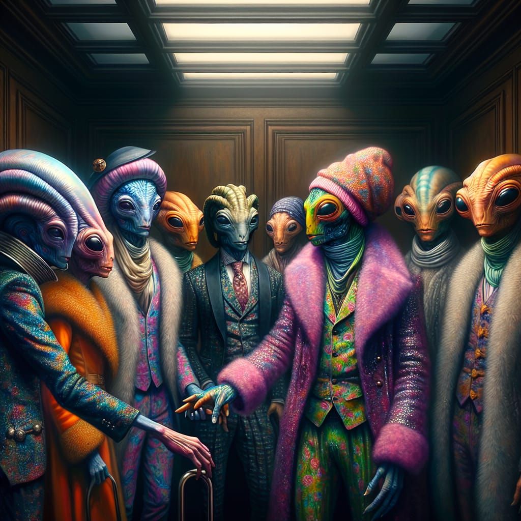 Alien Hotel Guests in Haute Couture, Oil Painting